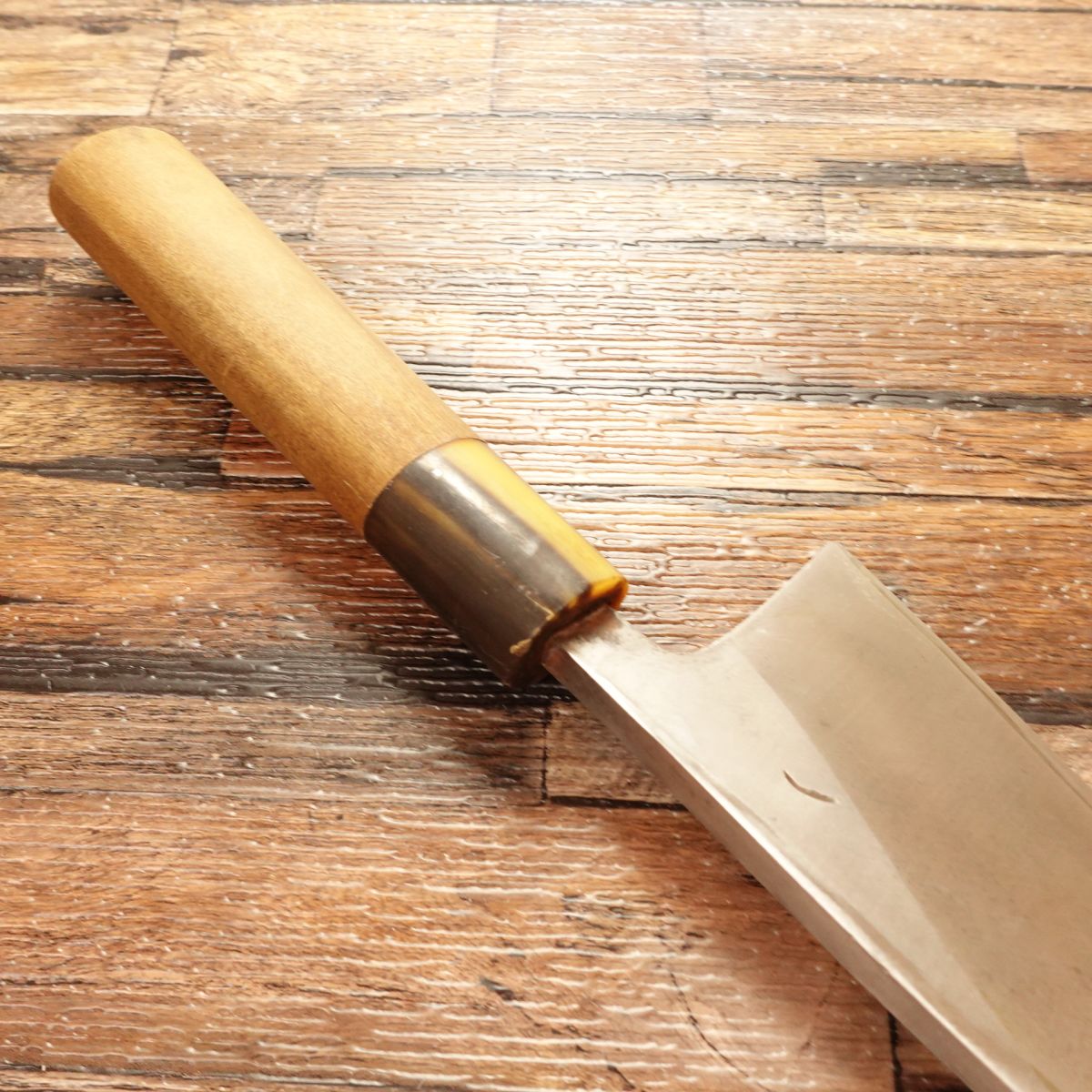 Minamoto Kikusuga Deba Knife, Sharpened, Buffalo Horn Handle, “AA” Grade, Chrysanthemum Crest, 150mm