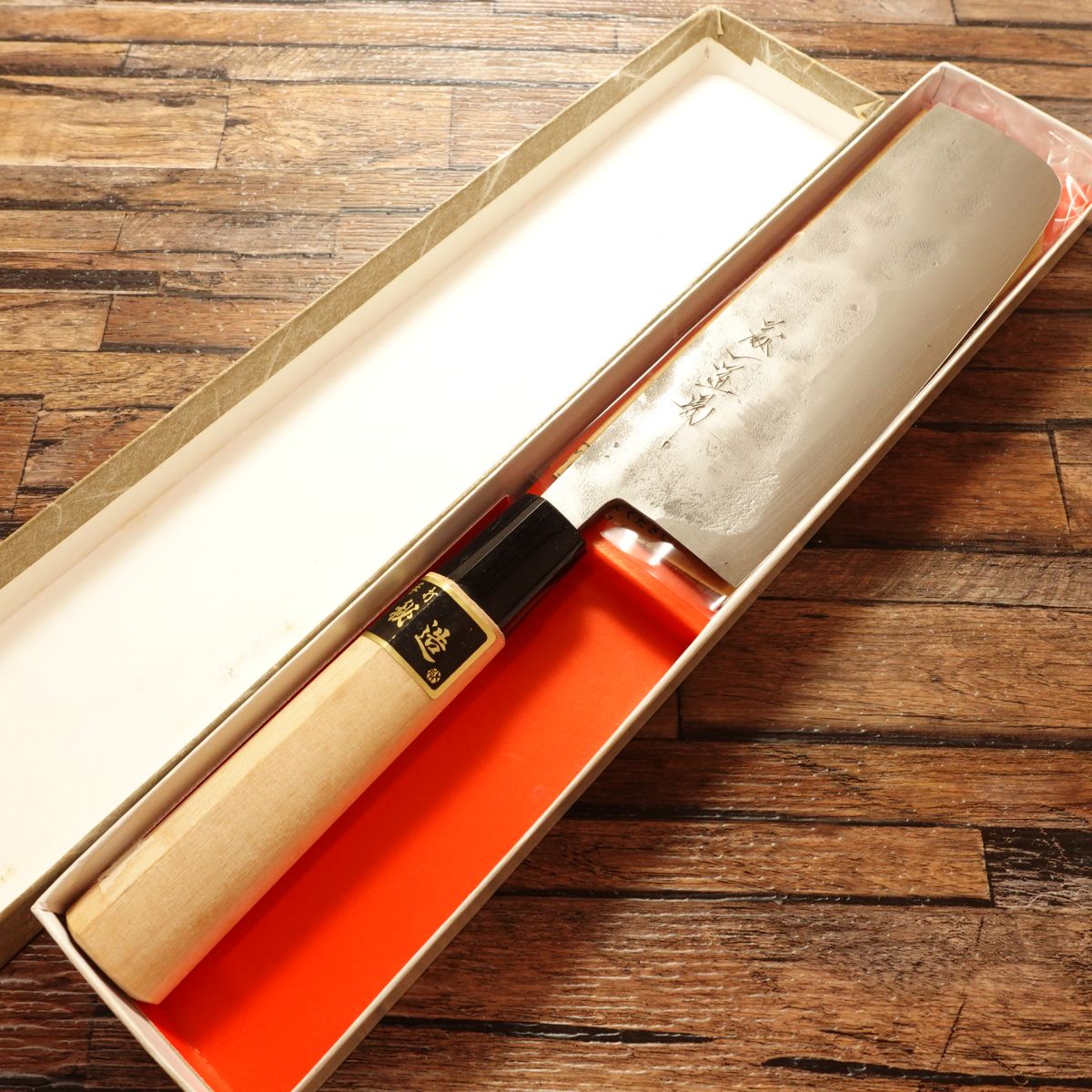 Fujiichi Dojo Nakiri Knife, Sharpened, Hand-Forged, Secret Craftsmanship, Black-Forged, Nashiji & Hammered Finish, Unused with Box, 165mm