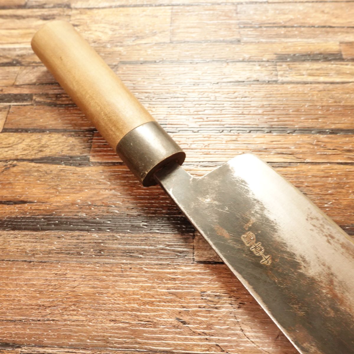 Kikusue Nakiri Knife, Sharpened, Buffalo Horn Handle, Black-Forged, Chigusa Steel, Double Bevel, 160mm