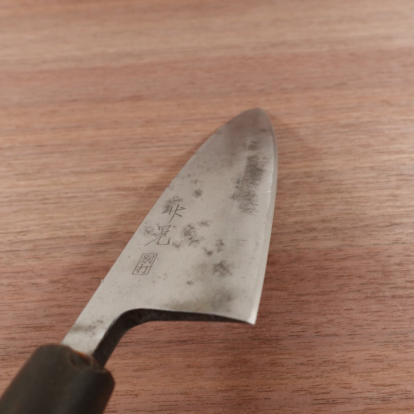 Takeaki Deba Knife, Sharpened, Water Buffalo Handle, Thick Blade, Special Forged, Pitting Present, 165mm