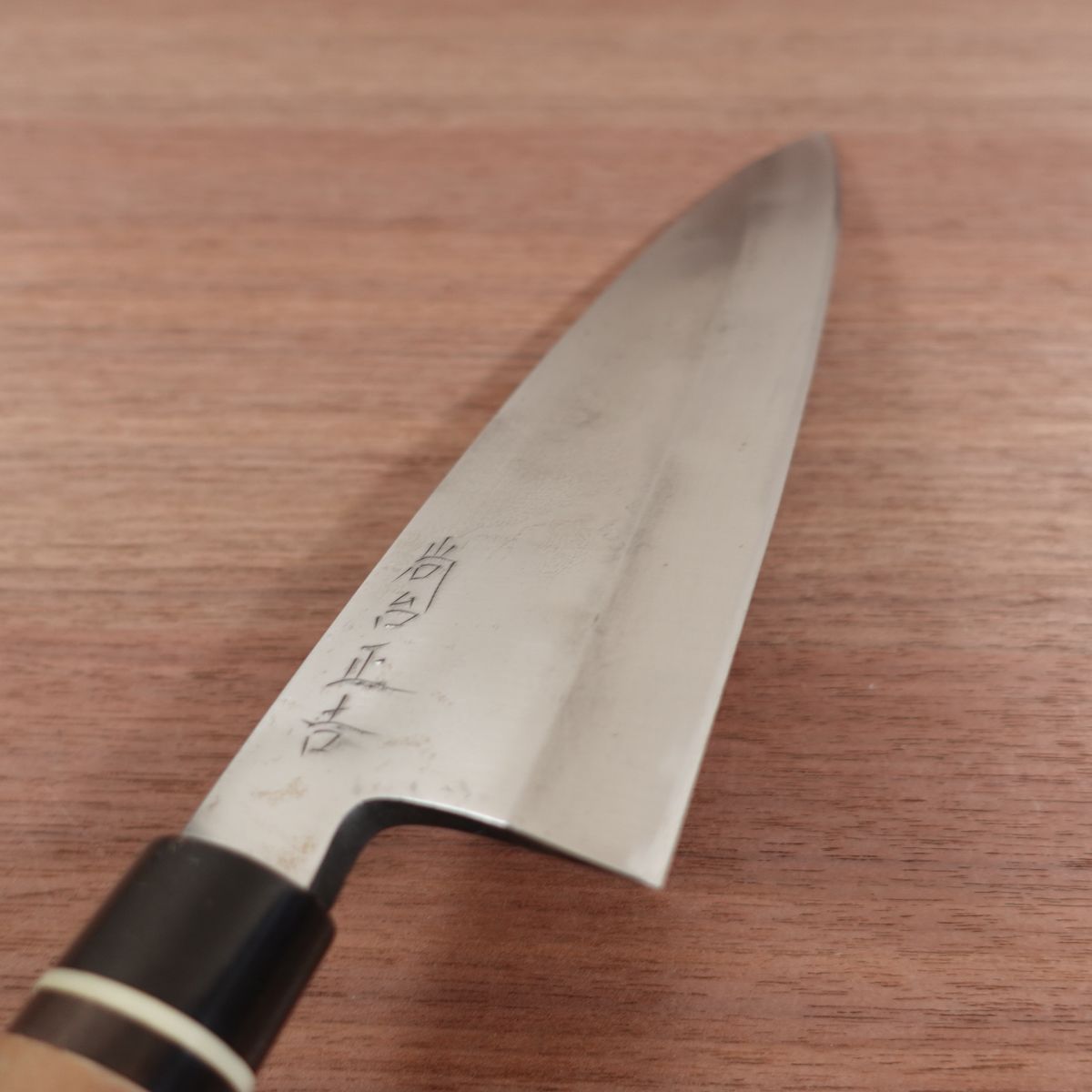 Shodai Masayoshi Honyaki Large Deba Knife, Sharpened, Water Buffalo Handle, White Ferrule, Syoudai Masayoshi, Carbon Steel, 225mm
