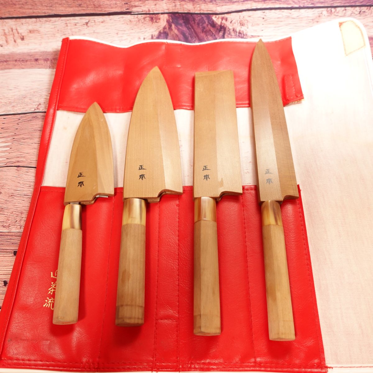 Kinsaryu Masamoto 4-Piece Knife Set, Sharpened, With Wooden Sheaths, White Water Buffalo Horn Handles, Rare, Nearly Unused, Includes Yanagiba, Usuba, Deba, Aji-kiri, With Storage Case