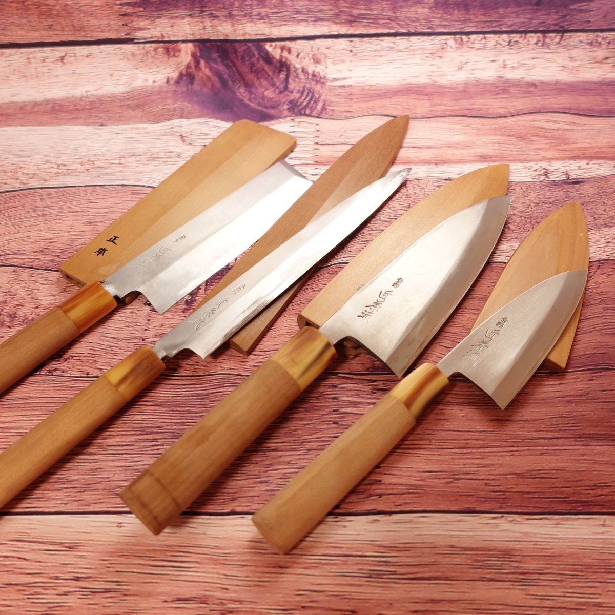 Kinsaryu Masamoto 4-Piece Knife Set, Sharpened, With Wooden Sheaths, White Water Buffalo Horn Handles, Rare, Nearly Unused, Includes Yanagiba, Usuba, Deba, Aji-kiri, With Storage Case