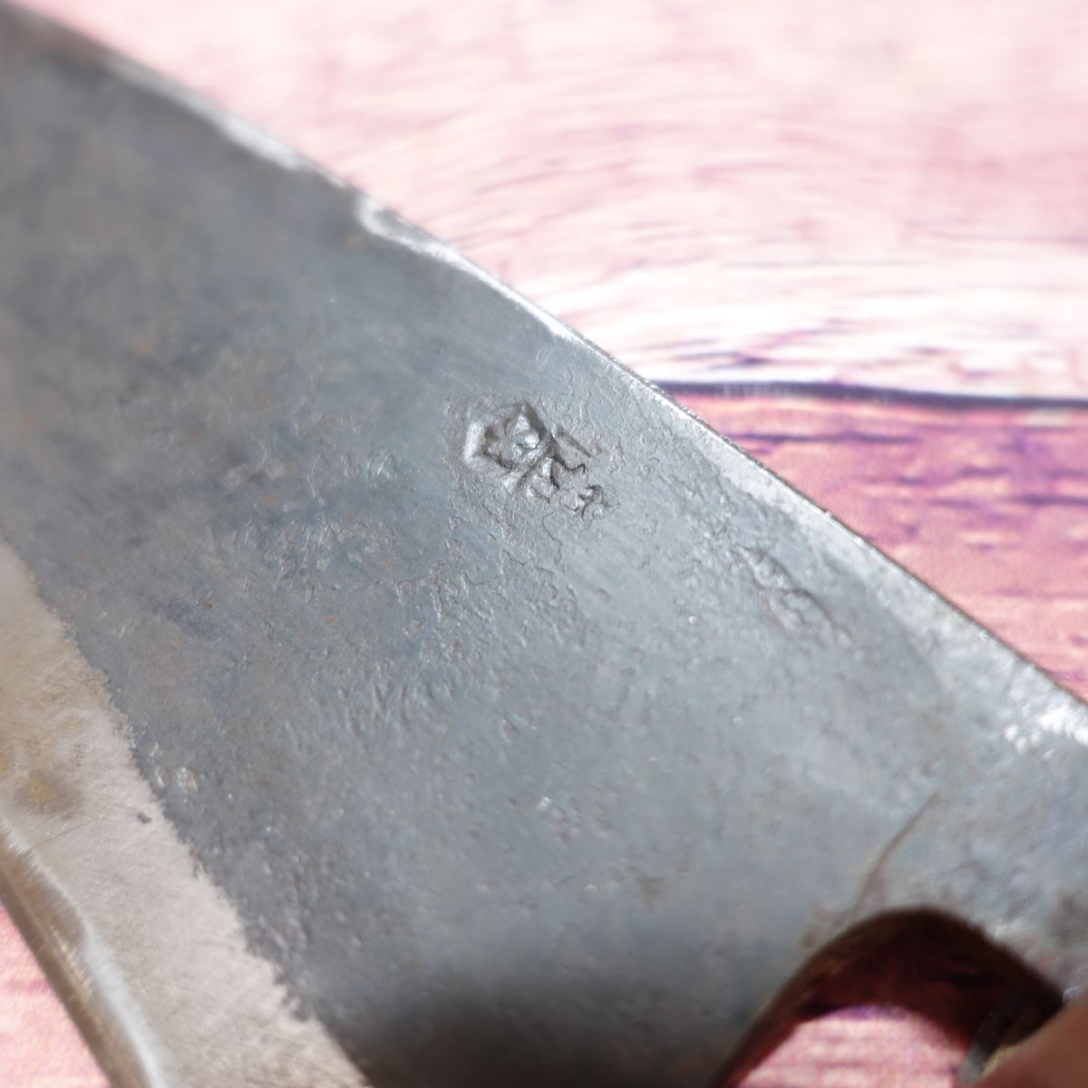 Black Forged Japanese Santoku Knife, Sharpened, Inscribed, Unreadable, Burnt-in Stamp, Double-edged, Steel, Excellent Condition