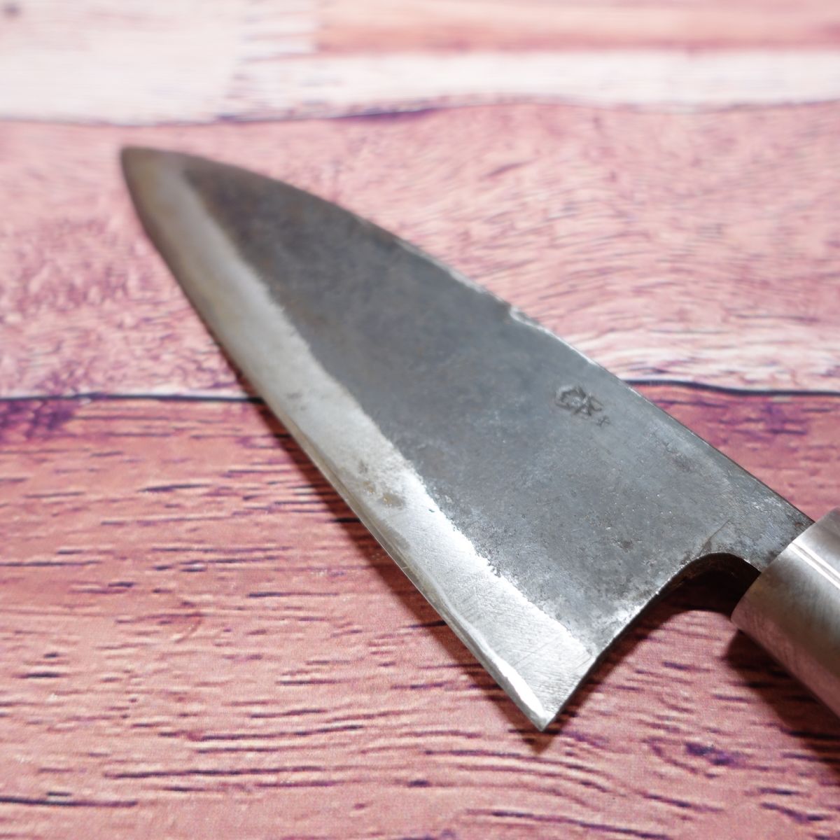 Black Forged Japanese Santoku Knife, Sharpened, Inscribed, Unreadable, Burnt-in Stamp, Double-edged, Steel, Excellent Condition