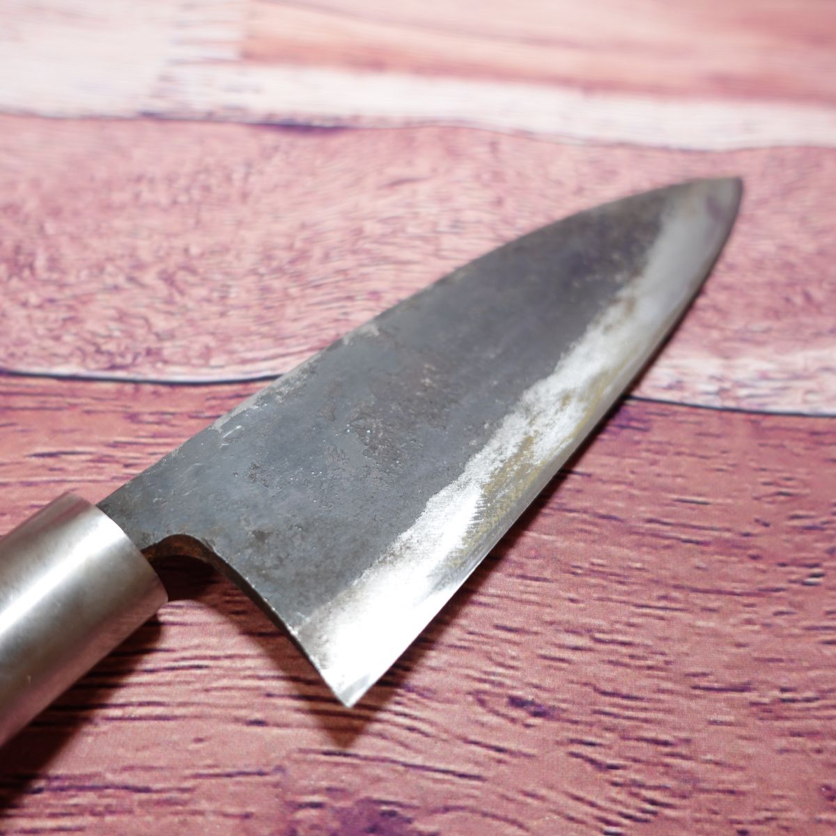 Black Forged Japanese Santoku Knife, Sharpened, Inscribed, Unreadable, Burnt-in Stamp, Double-edged, Steel, Excellent Condition