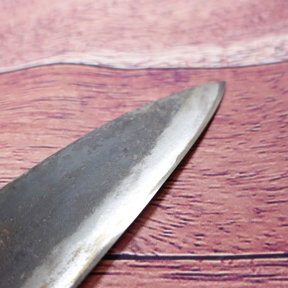 Black Forged Japanese Santoku Knife, Sharpened, Inscribed, Unreadable, Burnt-in Stamp, Double-edged, Steel, Excellent Condition