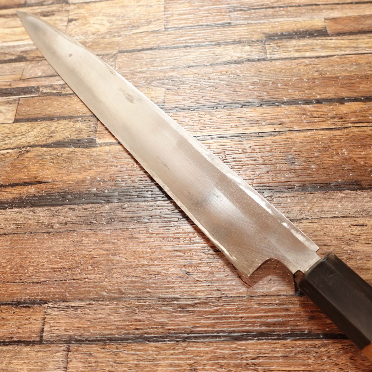 Masamoto Sohonten Yanagiba Messer, geschärft, Sashimi Messer, achteckiger Griff, Wasserbüffelzwinge, gut erhalten