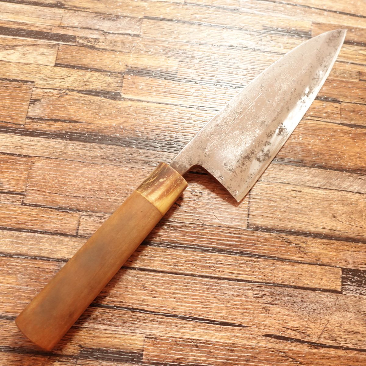 Sakai Norikiyo Deba Knife, Sharpened, Water Buffalo Horn Handle, Betsuuchi, With Rust and Dimples