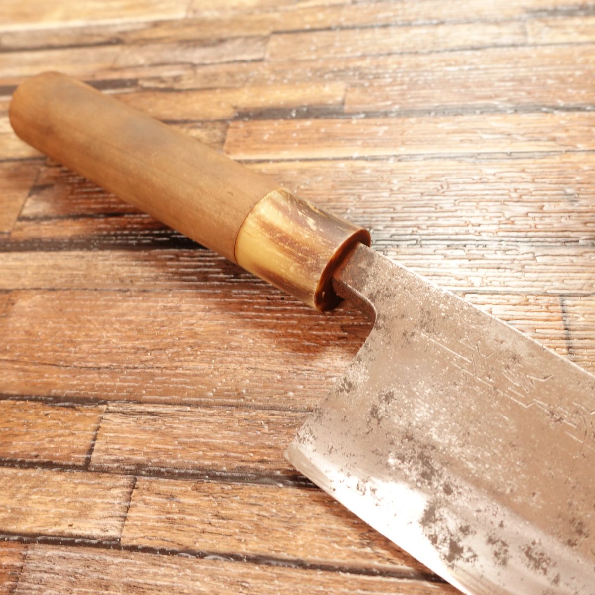 Sakai Norikiyo Deba Knife, Sharpened, Water Buffalo Horn Handle, Betsuuchi, With Rust and Dimples