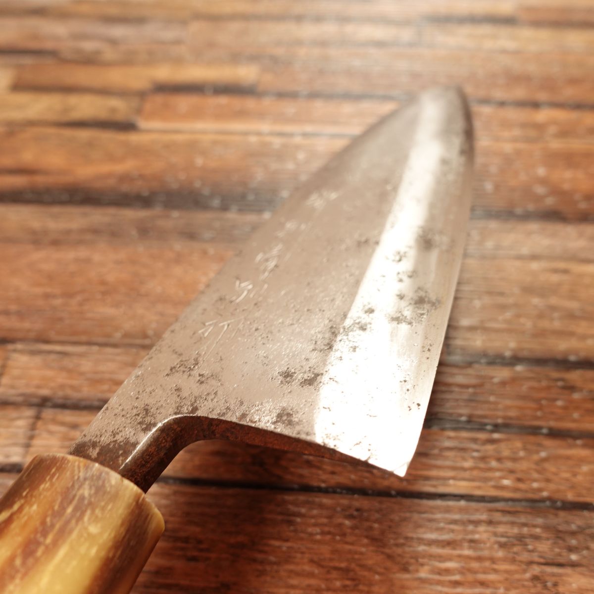 Sakai Norikiyo Deba Knife, Sharpened, Water Buffalo Horn Handle, Betsuuchi, With Rust and Dimples