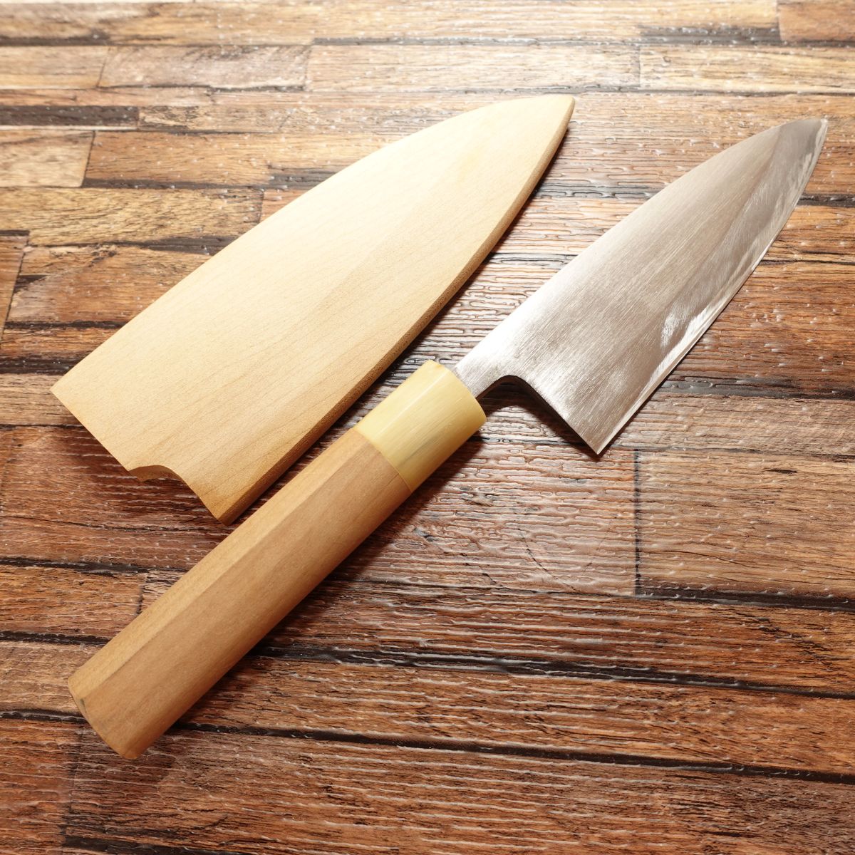 Tsukiji Masamoto Aji-kiri, Sharpened, Small Deba Knife, White Water Buffalo Horn Handle, With Wooden Sheath, Steel