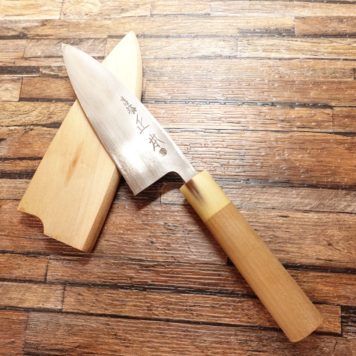 Tsukiji Masamoto Aji-kiri, Sharpened, Small Deba Knife, White Water Buffalo Horn Handle, With Wooden Sheath, Steel