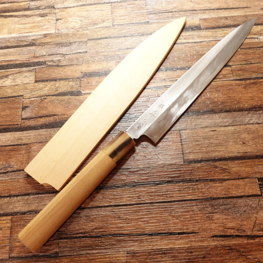 Tsukiji Masamoto Yanagiba Knife, Sharpened, Sashimi Knife, White Water Buffalo Horn Handle, With Wooden Sheath, Steel