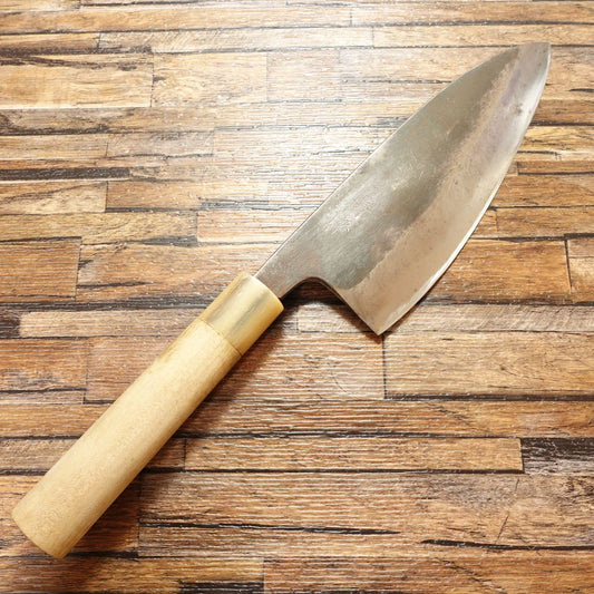 Sakai Minamoto Shigekiyo Large Deba Knife, Sharpened, Water Buffalo Handle, Black Forged, Hagane Steel, Handle Crack