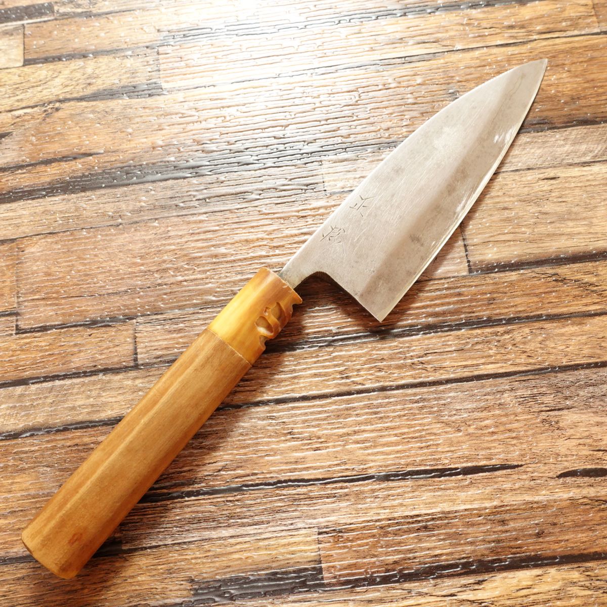 Masatame Aji-kiri Knife, Sharpened, Small Deba Knife, White Water Buffalo Handle, Bug Damage