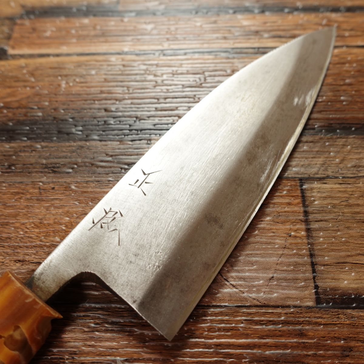 Masatame Aji-kiri Knife, Sharpened, Small Deba Knife, White Water Buffalo Handle, Bug Damage