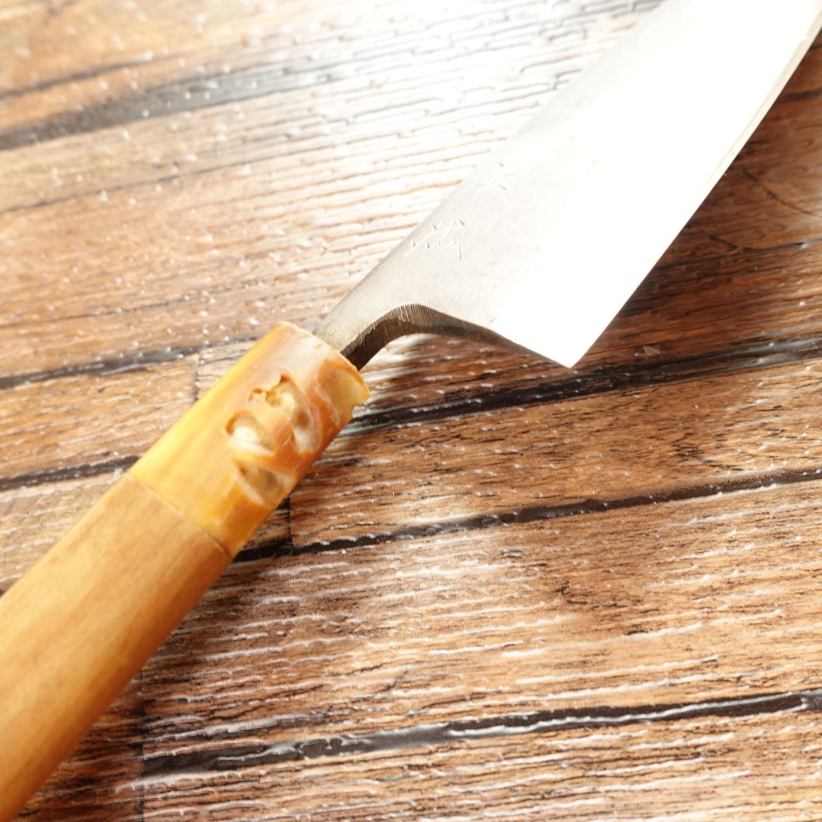 Masatame Aji-kiri Knife, Sharpened, Small Deba Knife, White Water Buffalo Handle, Bug Damage