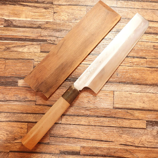 Masamoto Usuba Knife, Sharpened, Tsukiji Masamoto, Water Buffalo Horn Handle, Single Bevel, Large, Wooden Sheath