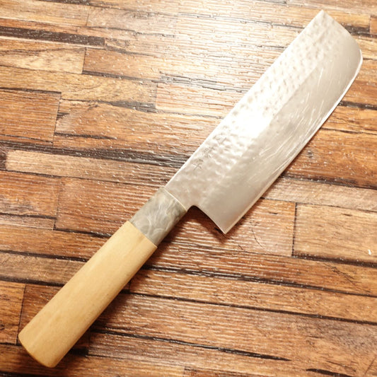 Seki Tohei Nakiri Knife, Sharpened, Thin Blade, Hammered Finish, Marble Handle, Excellent Condition