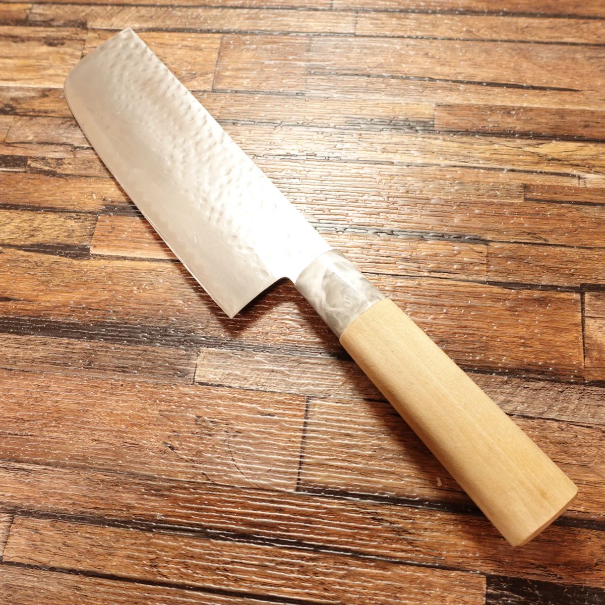 Seki Tohei Nakiri Knife, Sharpened, Thin Blade, Hammered Finish, Marble Handle, Excellent Condition