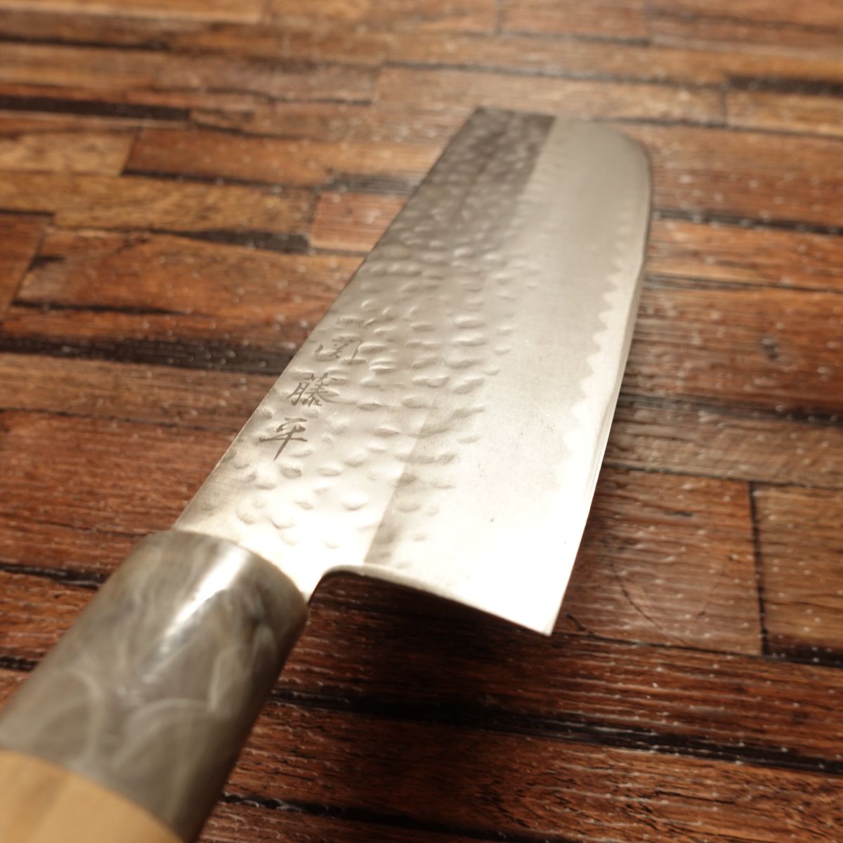 Seki Tohei Nakiri Knife, Sharpened, Thin Blade, Hammered Finish, Marble Handle, Excellent Condition