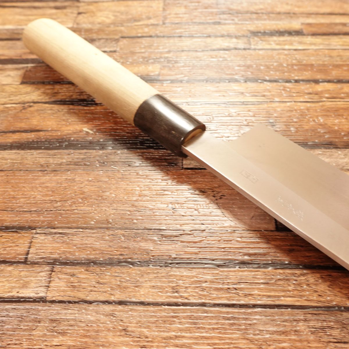 Goh Umanosuke Yoshihiro Kama-Usuba Knife, Sharpened, Water Buffalo Horn Handle, Nakiri, Hon-Tanren, with Engraving and Wooden Sheath