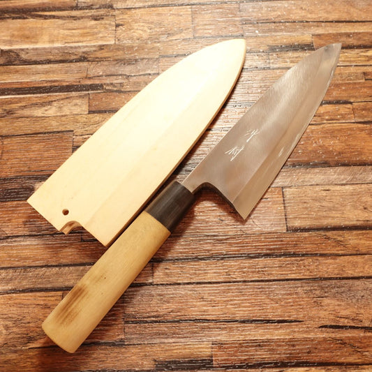 Goh Umanosuke Yoshihiro Deba Knife, Sharpened, Water Buffalo Horn Handle, Steel, with Engraving and Wooden Sheath