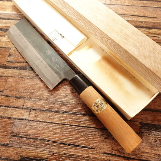 Nobumitsu Nakiri Knife, Sharpened, Thin Blade, Blacksmith Finish, Hagane, Unused, Boxed and Stored