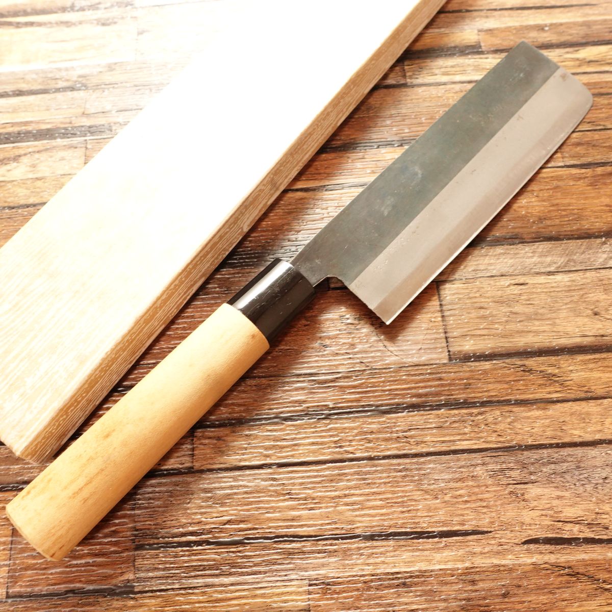 Nobumitsu Nakiri Knife, Sharpened, Thin Blade, Blacksmith Finish, Hagane, Unused, Boxed and Stored