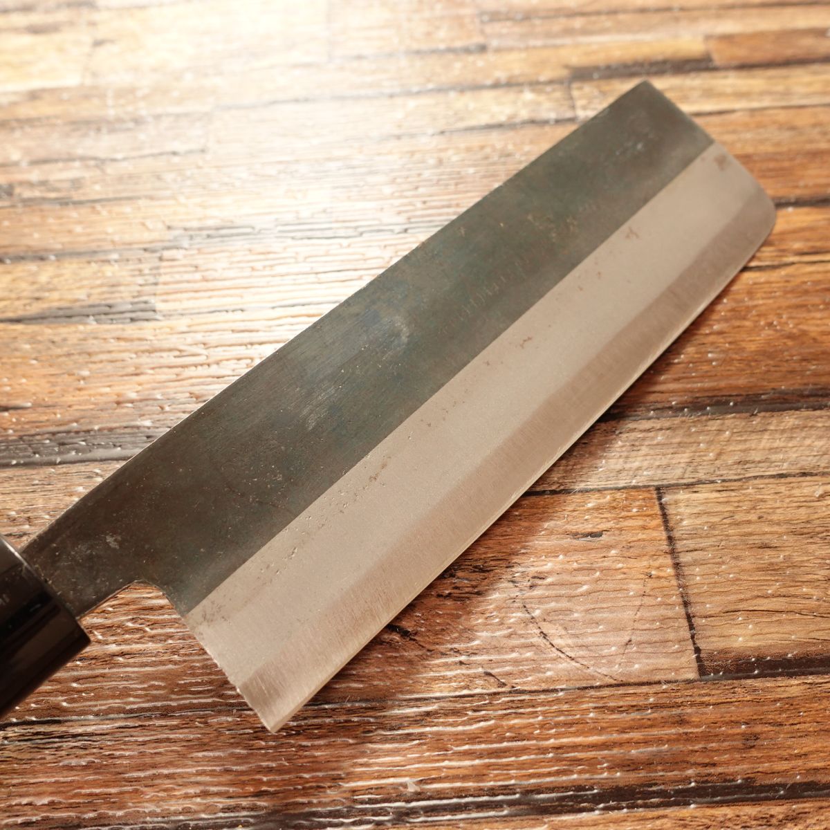 Nobumitsu Nakiri Knife, Sharpened, Thin Blade, Blacksmith Finish, Hagane, Unused, Boxed and Stored