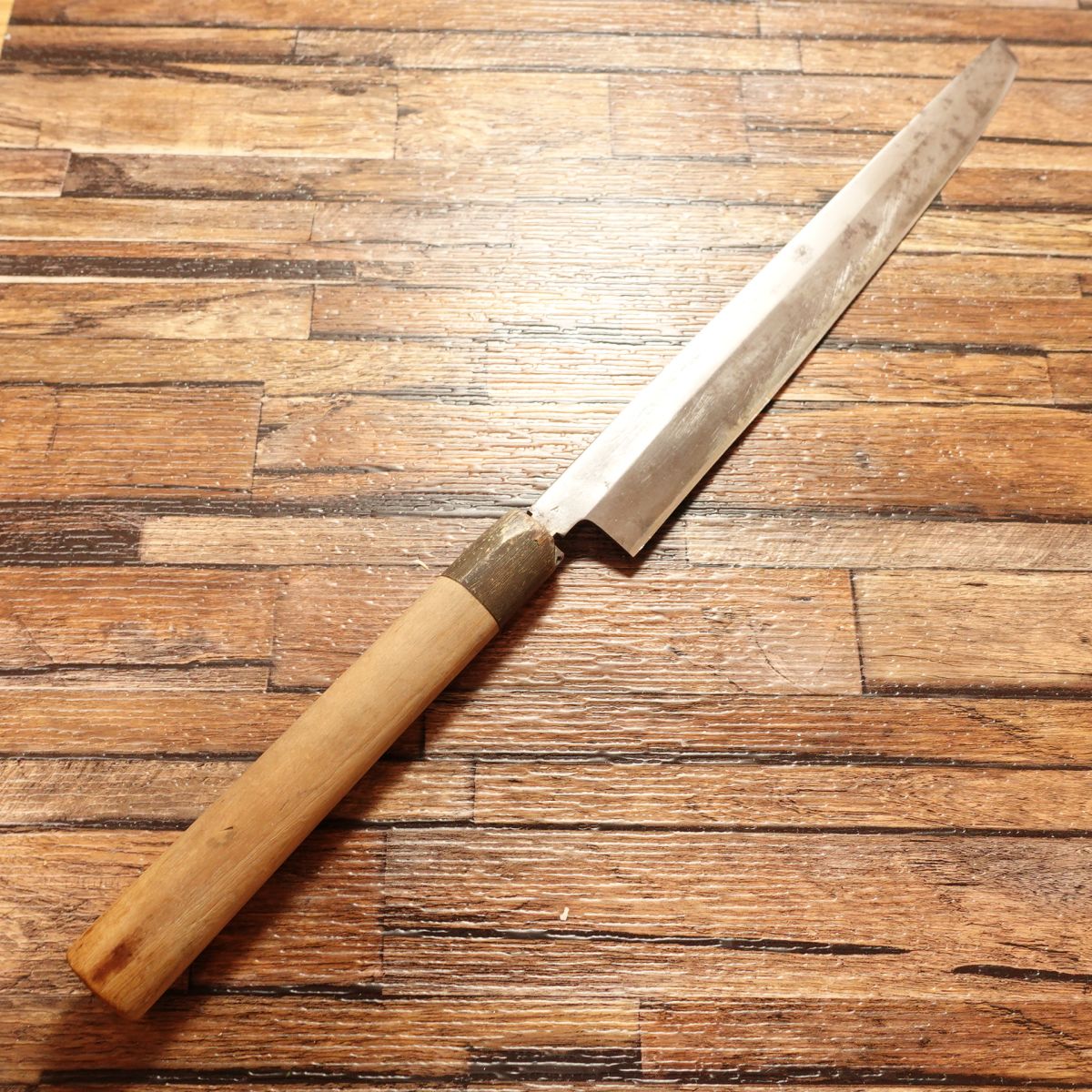 Tsukiji Masamoto Yanagiba Knife, Sharpened, Water Buffalo Handle, Aogami-Steel, Fugu-Hiki, Sashimi Knife, Rounded Tip, Hidetoshi