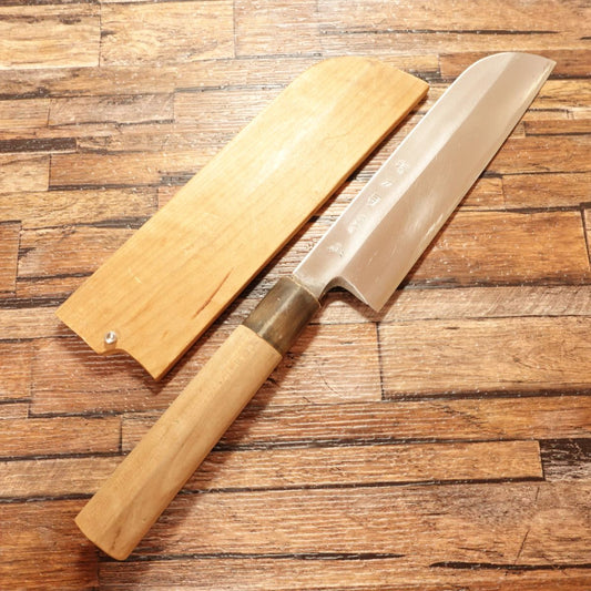 Sakai Toji Kamagata Usuba Knife, Sharpened, Made by Iwakuni, Water Buffalo Handle, Wooden Sheath, Single Bevel, Nakiri Style, Lightly Used