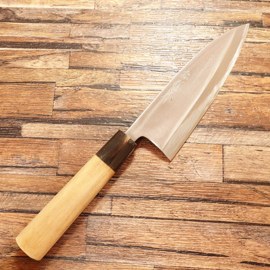 Minamoto Michisaku Deba Knife, Sharpened, Water Buffalo Handle, Aogami #2 Steel, Barely Used, 165mm