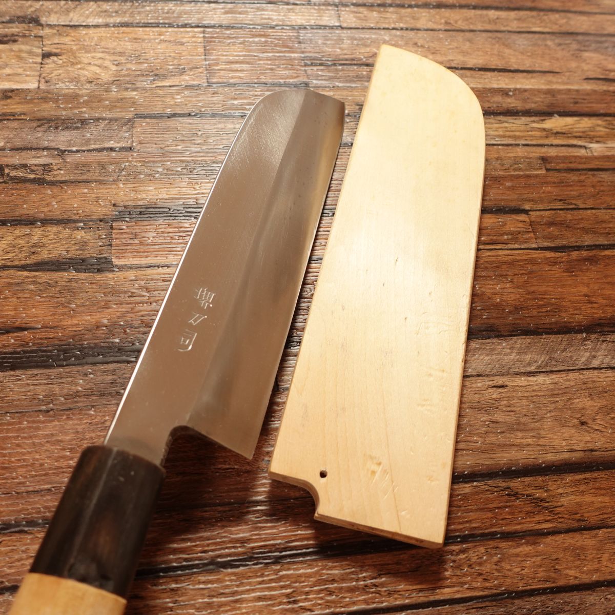 Sakai Toshi Kama-Usuba Knife, Sharpened, Water Buffalo Handle, Nakiri Knife, Hagane Steel, Wooden Sheath, Nearly Unused