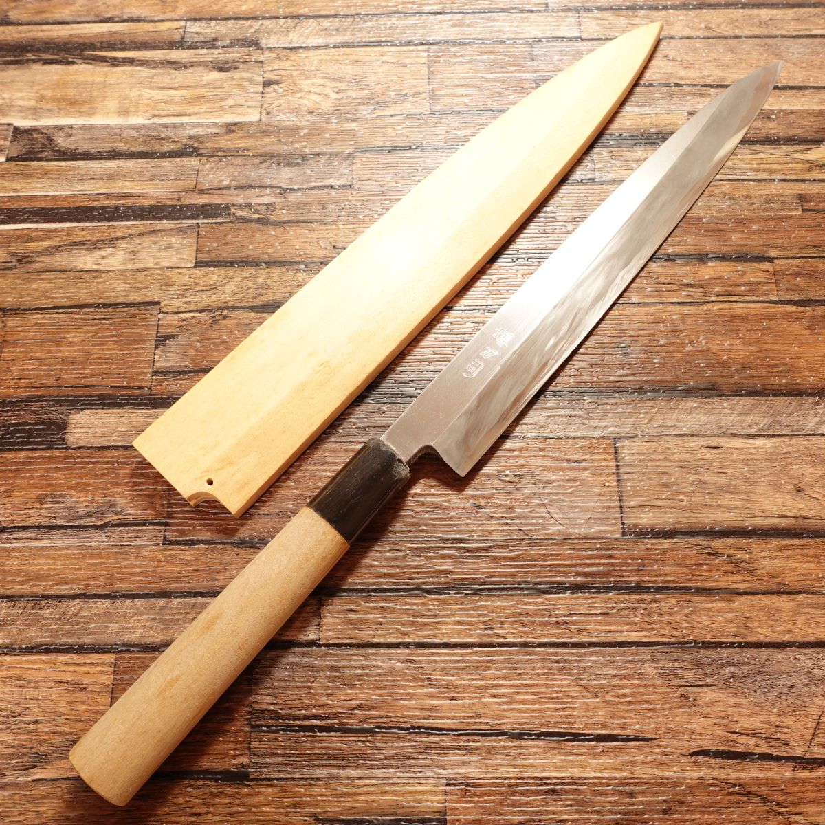 Sakai Toji Yanagiba Knife, Sharpened, Water Buffalo Handle, Sashimi Knife, Wooden Sheath, Nearly Unused