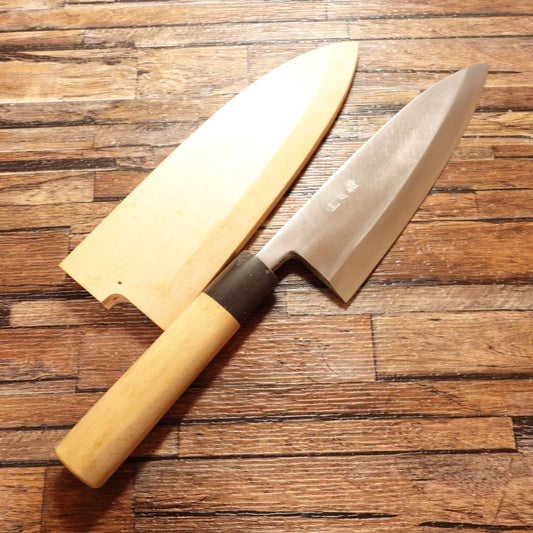 Sakai Toji Deba Knife, Sharpened, Water Buffalo Handle, 185mm, Wooden Sheath, Nearly Unused