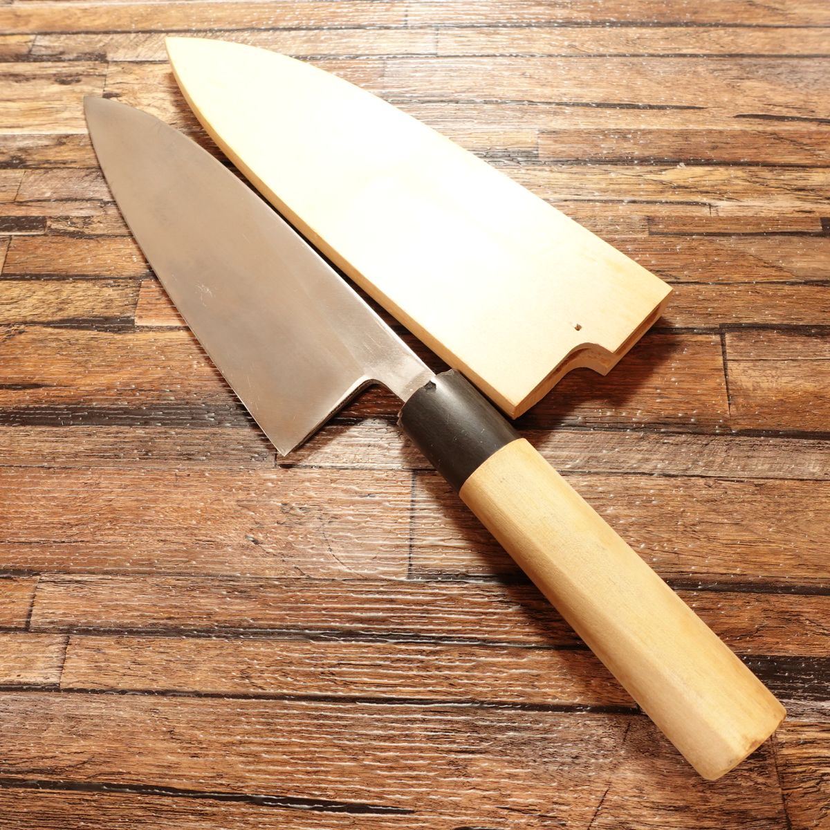 Sakai Toji Deba Knife, Sharpened, Water Buffalo Handle, 185mm, Wooden Sheath, Nearly Unused