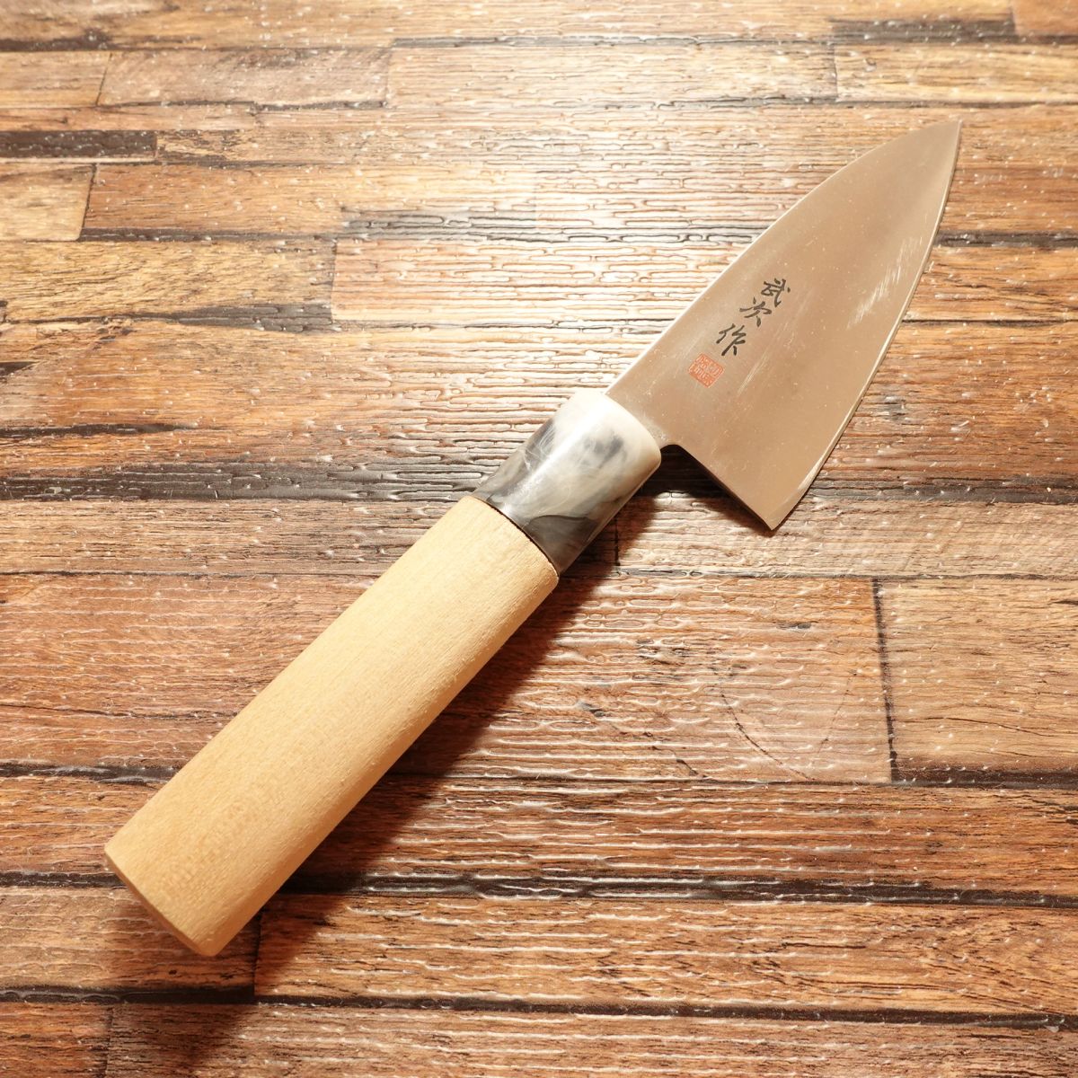 Taketsugu Aji-kiri Knife, Sharpened, Ko-Deba Style, Marble Pattern Handle, Light Use, 105mm