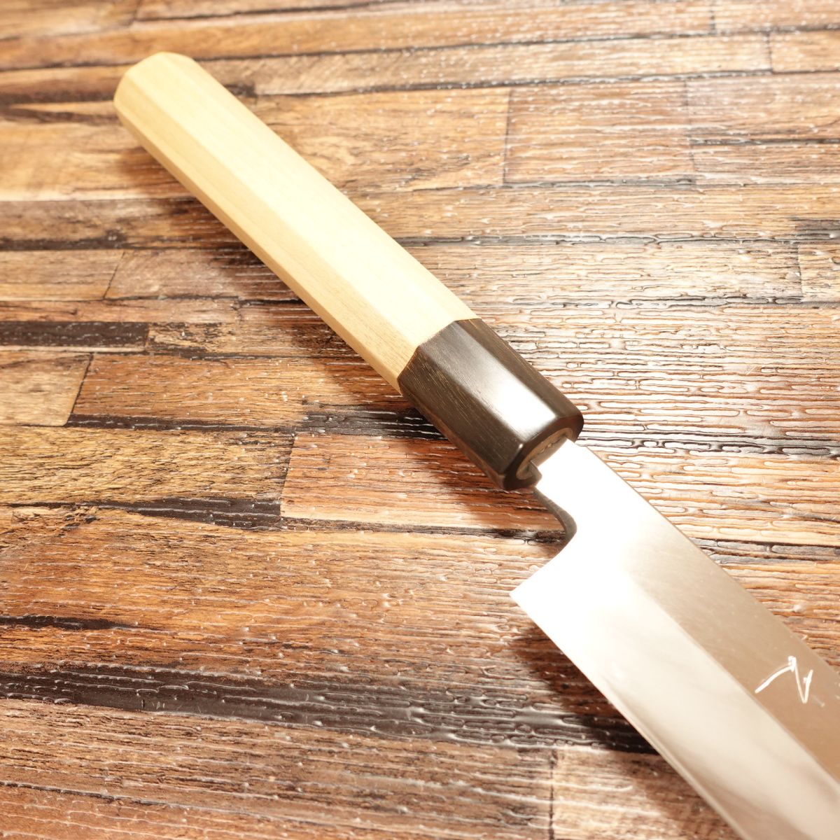 Yasuyuki Honyaki Fugu-Hiki Knife, Sharpened, Yanagiba Knife, Sashimi Knife, Water Buffalo Octagonal Handle, Sanbo, Nearly Unused, Comes with Wooden Sheath