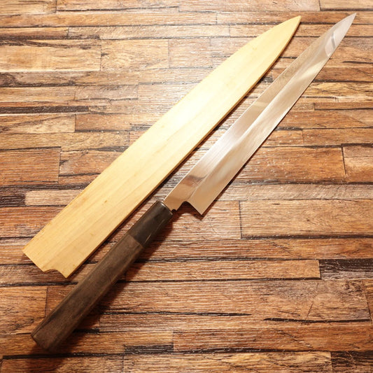 Yanagiba Knife, Sharpened, High-Grade Stainless Steel, Water Buffalo Handle, Sashimi Knife, No Engraving, Mirror Finish, Nearly Unused Stored Item, Comes with Wooden Sheath