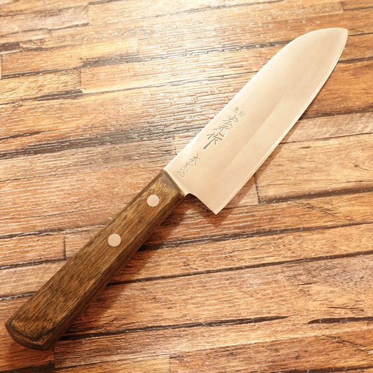 Hiromoto Santoku Knife, Sharpened, All-Purpose Knife, Clad Steel, Made by Hiromoto