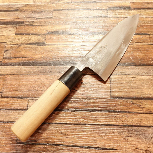 Morishige Deba Knife, Sharpened, Hagane Steel, Hammer Marks on Spine, Crack in Handle, 140mm