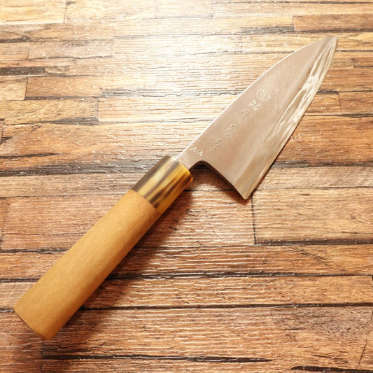 Minamoto Kikusuga Deba Knife, Sharpened, Buffalo Horn Handle, “AA” Grade, Chrysanthemum Crest, 150mm