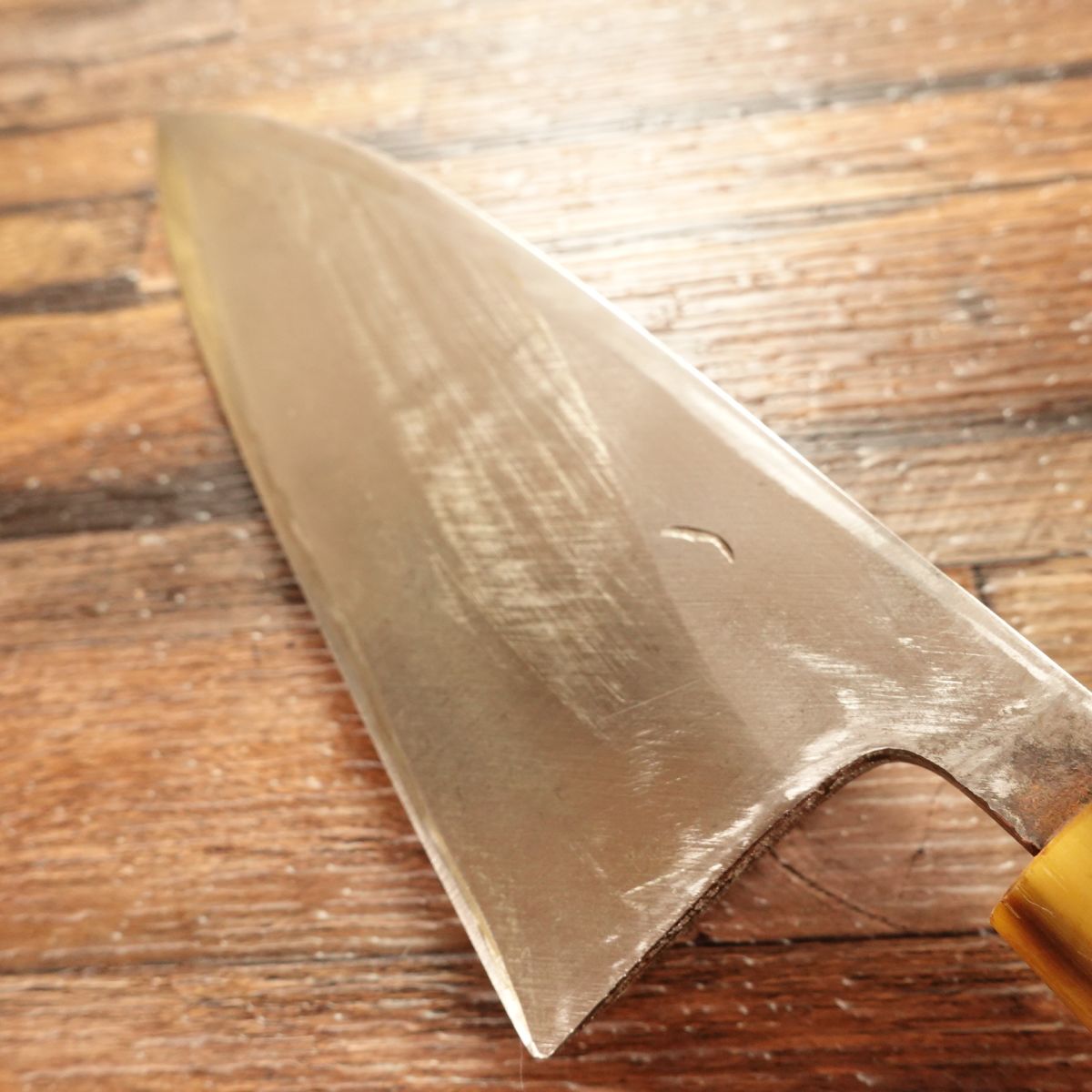 Minamoto Kikusuga Deba Knife, Sharpened, Buffalo Horn Handle, “AA” Grade, Chrysanthemum Crest, 150mm