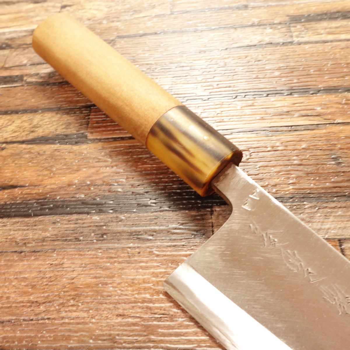 Minamoto Kikusuga Deba Knife, Sharpened, Buffalo Horn Handle, “AA” Grade, Chrysanthemum Crest, 150mm