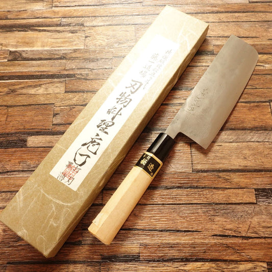 Fujiichi Dojo Nakiri Knife, Sharpened, Hand-Forged, Secret Craftsmanship, Black-Forged, Nashiji & Hammered Finish, Unused with Box, 165mm