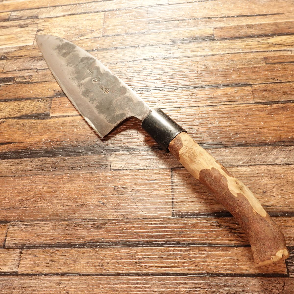 Kurouchi Japanese Santoku Knife, Sharpened, Hand-Forged, Hammered Pattern, 155mm