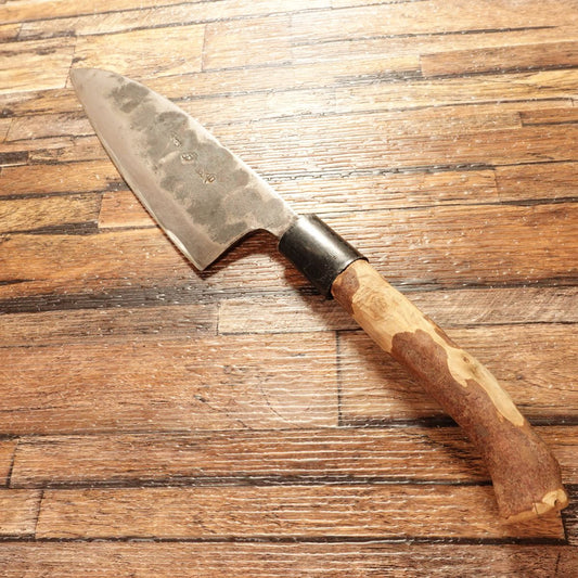 Kurouchi Japanese Santoku Knife, Sharpened, Hand-Forged, Hammered Pattern, 155mm