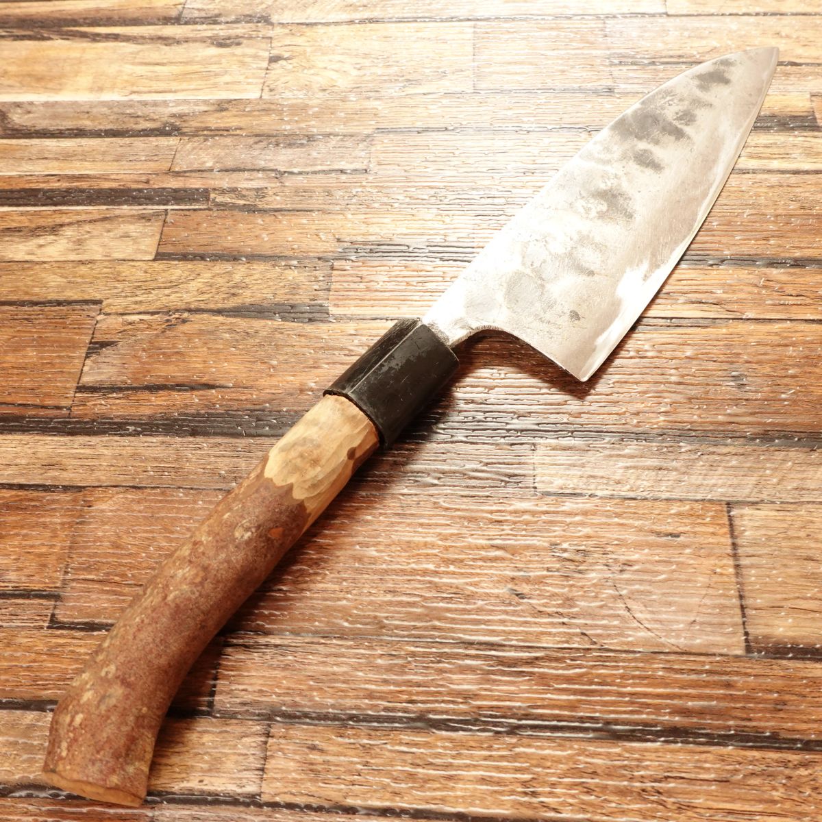 Kurouchi Japanese Santoku Knife, Sharpened, Hand-Forged, Hammered Pattern, 155mm